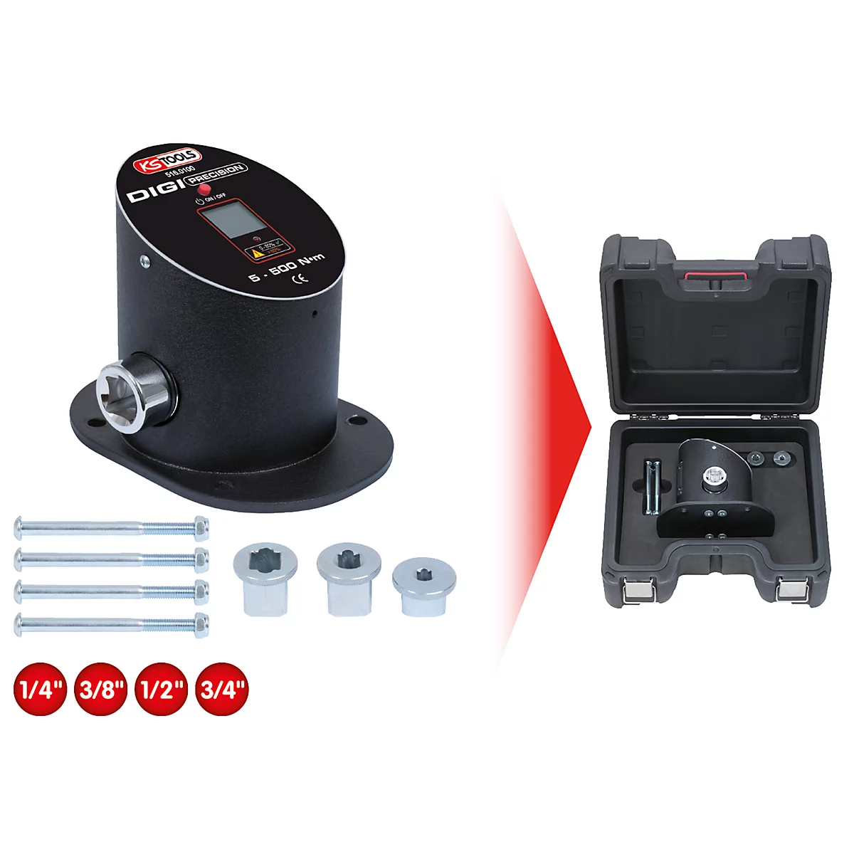 Schwarzer Drehmomentschlüssel, rechts in einem Koffer, Zubehör daneben. In roter Schrift sind die Größen 1/4", 3/8", 1/2" und 3/4" angegeben.